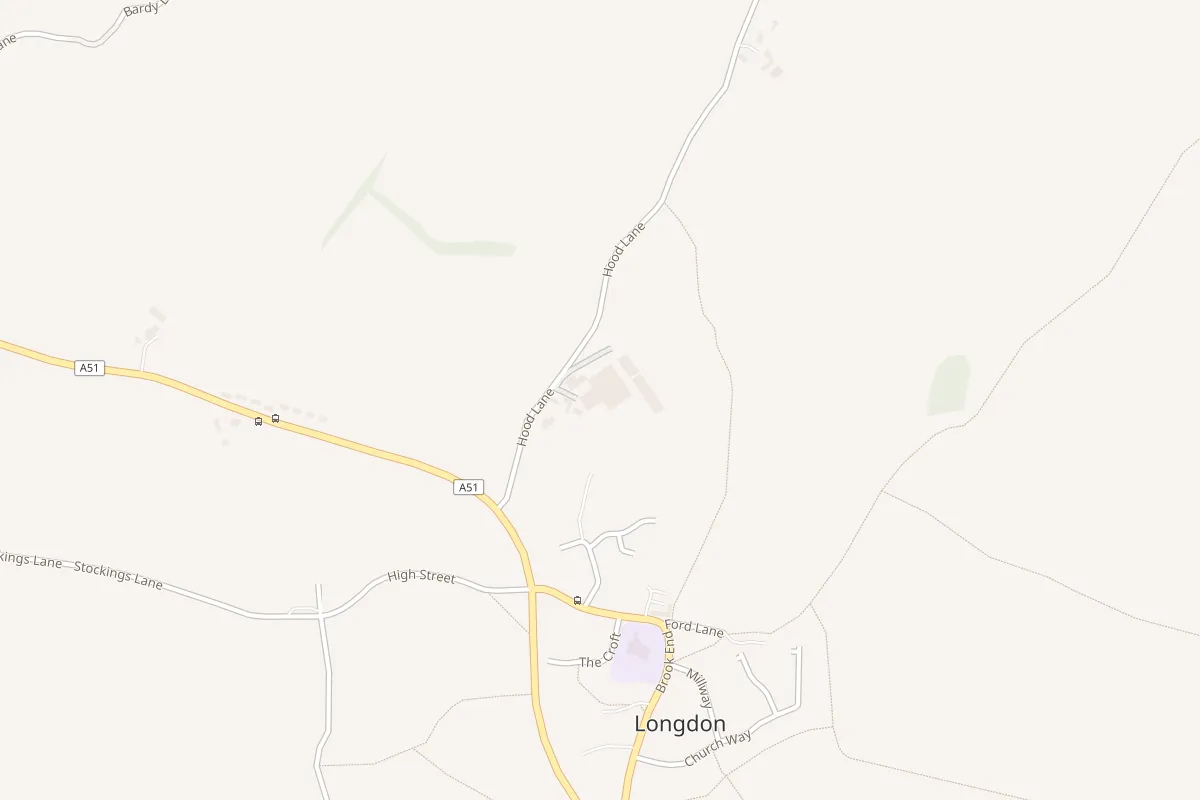 Map of Hawcroft Grange on Hood Lane, north of Longdon village, off the A51 between Rugeley and Lichfield.